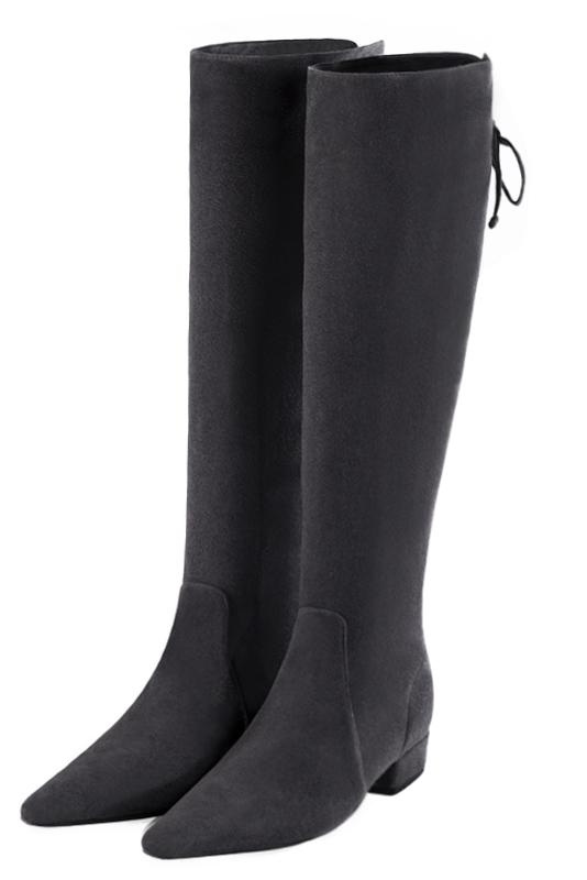 Dark grey women's knee-high boots, with laces at the back. Tapered toe. Low block heels. Made to measure. Front view - Florence KOOIJMAN